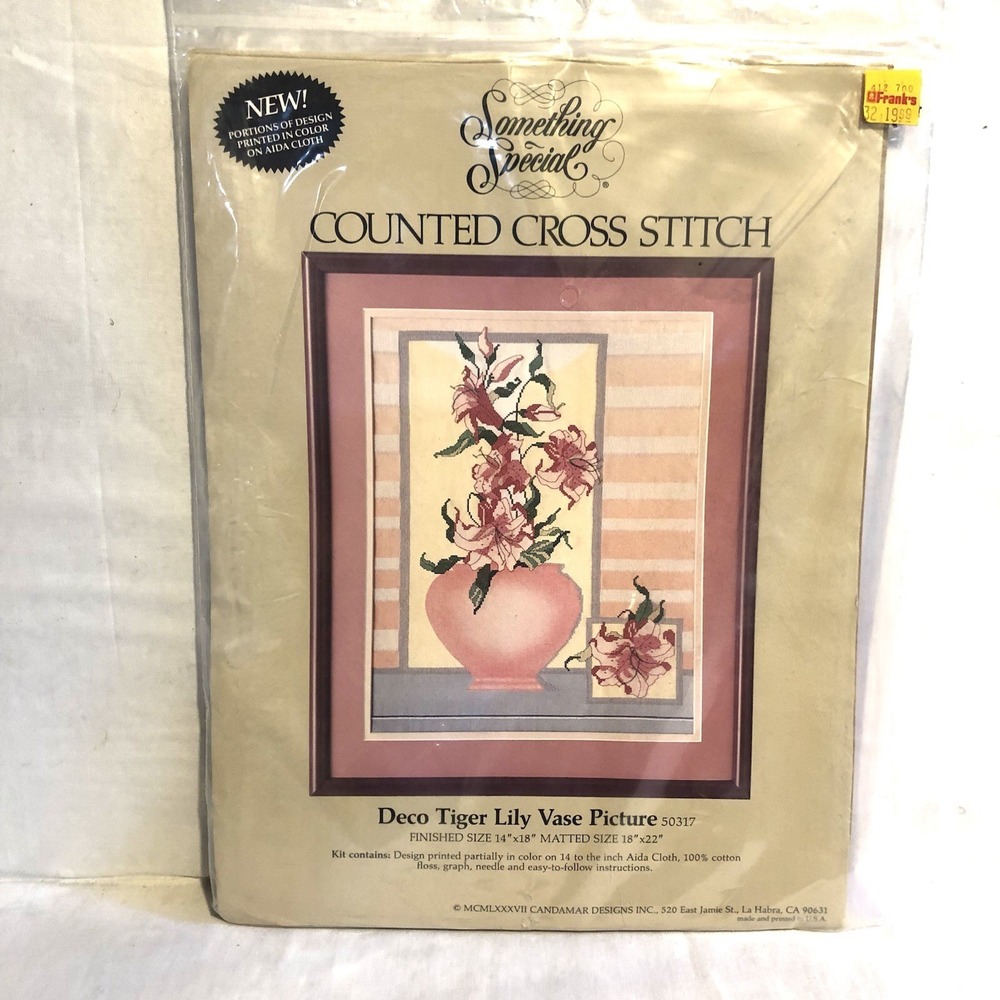 Vintage Something Special DECO TIGER LILY VASE PICTURE Counted Cross Stitch 1987